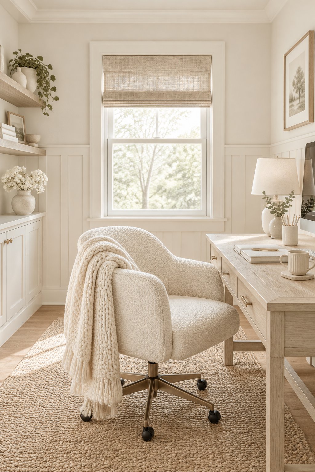 A cozy home office with light wall paneling, a desk, an office chair, a rug, and neutral decorative accessories.