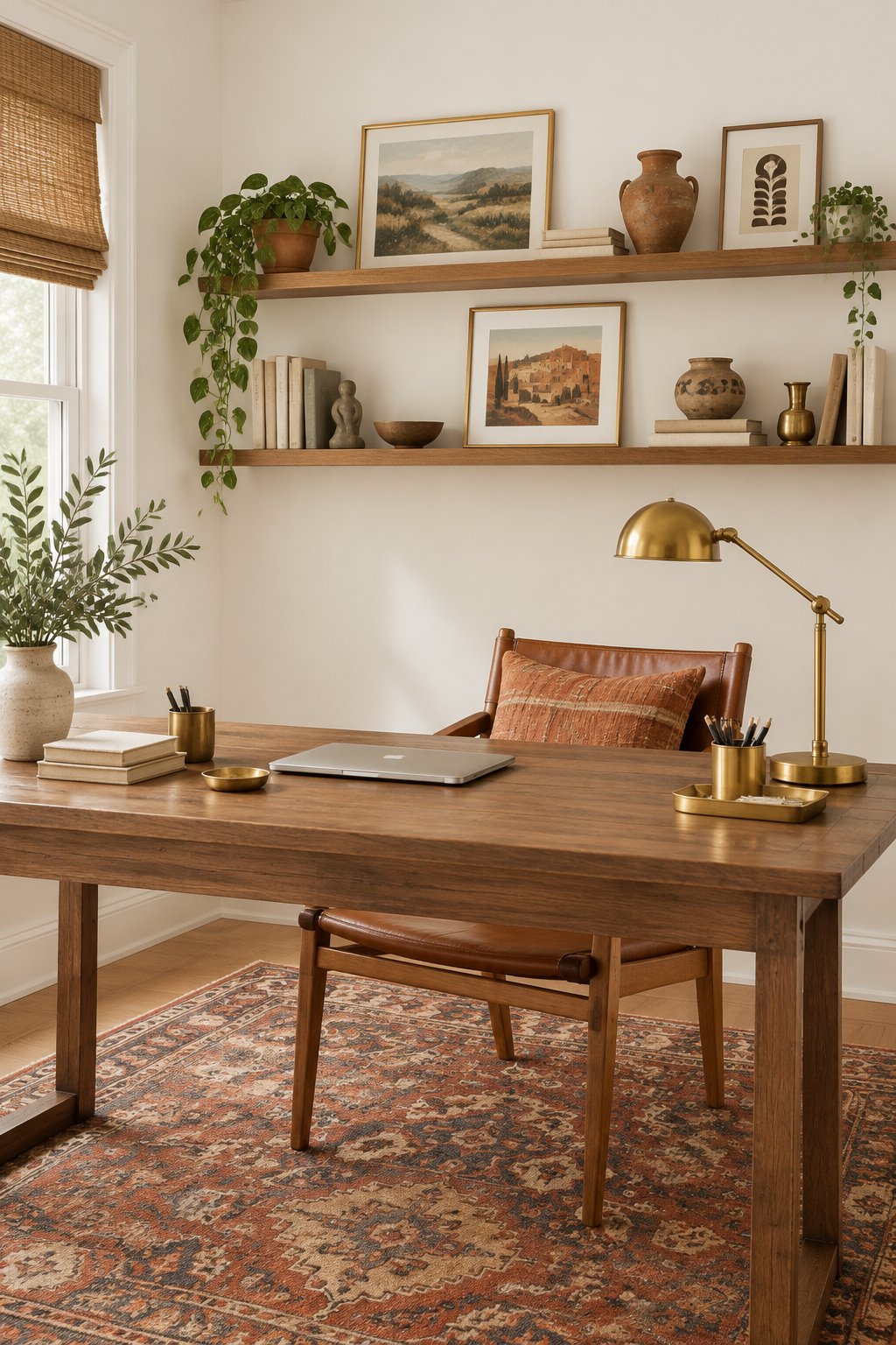 A home office with a desk, chair, rug, wall shelves, artwork, pottery, and a terracotta pillow.