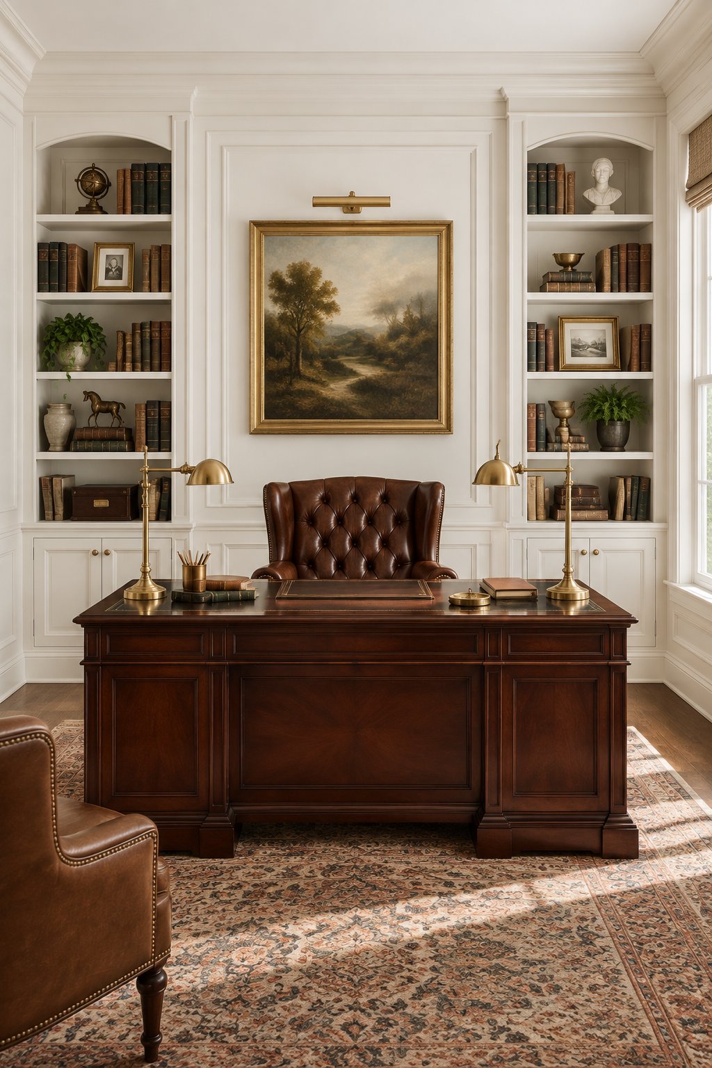 A traditional home office with paneled walls, built-in bookshelves, a dark wooden desk, a brown leather chair, and brass lamps.