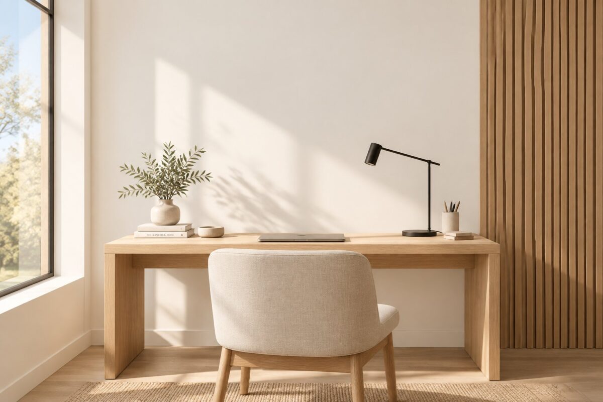A bright home office with pale walls, a wooden desk, a slatted wood wall, a black desk lamp, and a linen chair beside a sunlit window.