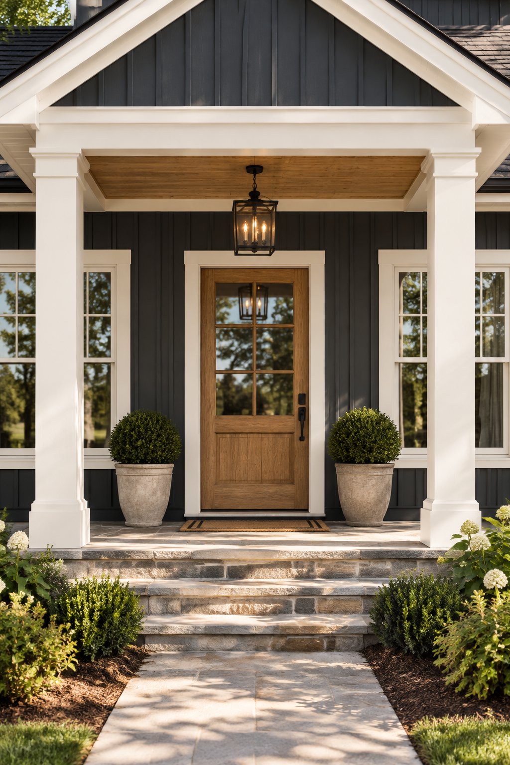 A modern farmhouse exterior with a covered front porch, dark siding, a wood door, white trim, and potted greenery.