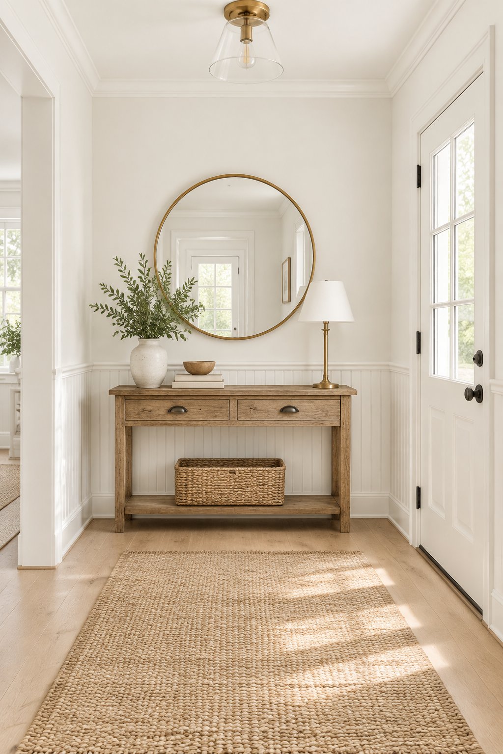 A bright residential entryway with a console table, round wall mirror, woven rug, and light wood flooring.