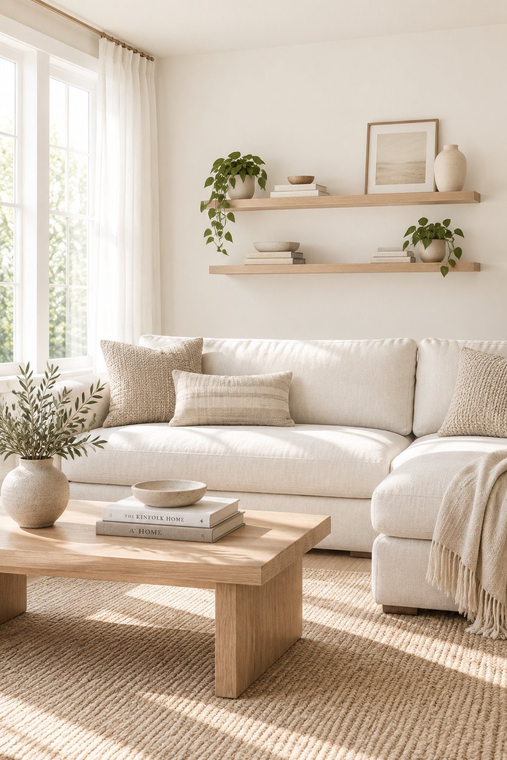 A sunlit living room with a cream sofa, wooden coffee table, shelves, pillows, and large curtained windows.