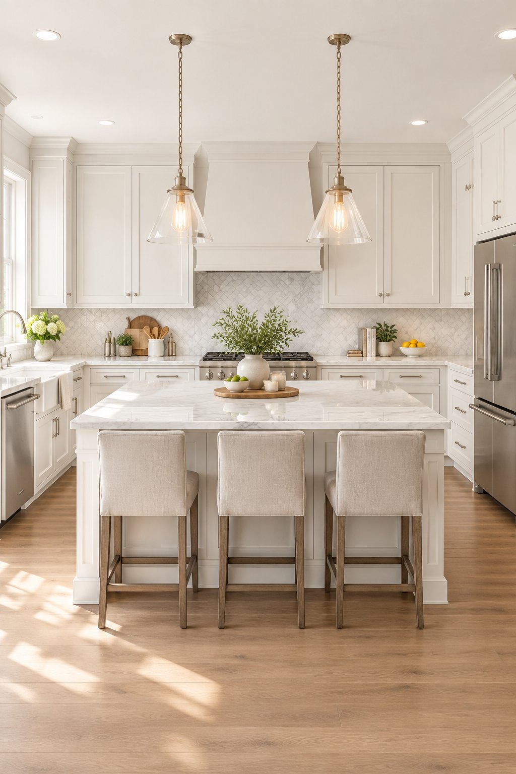 A bright kitchen with light cabinets, an island, countertops, backsplash tile, and pendant lights.