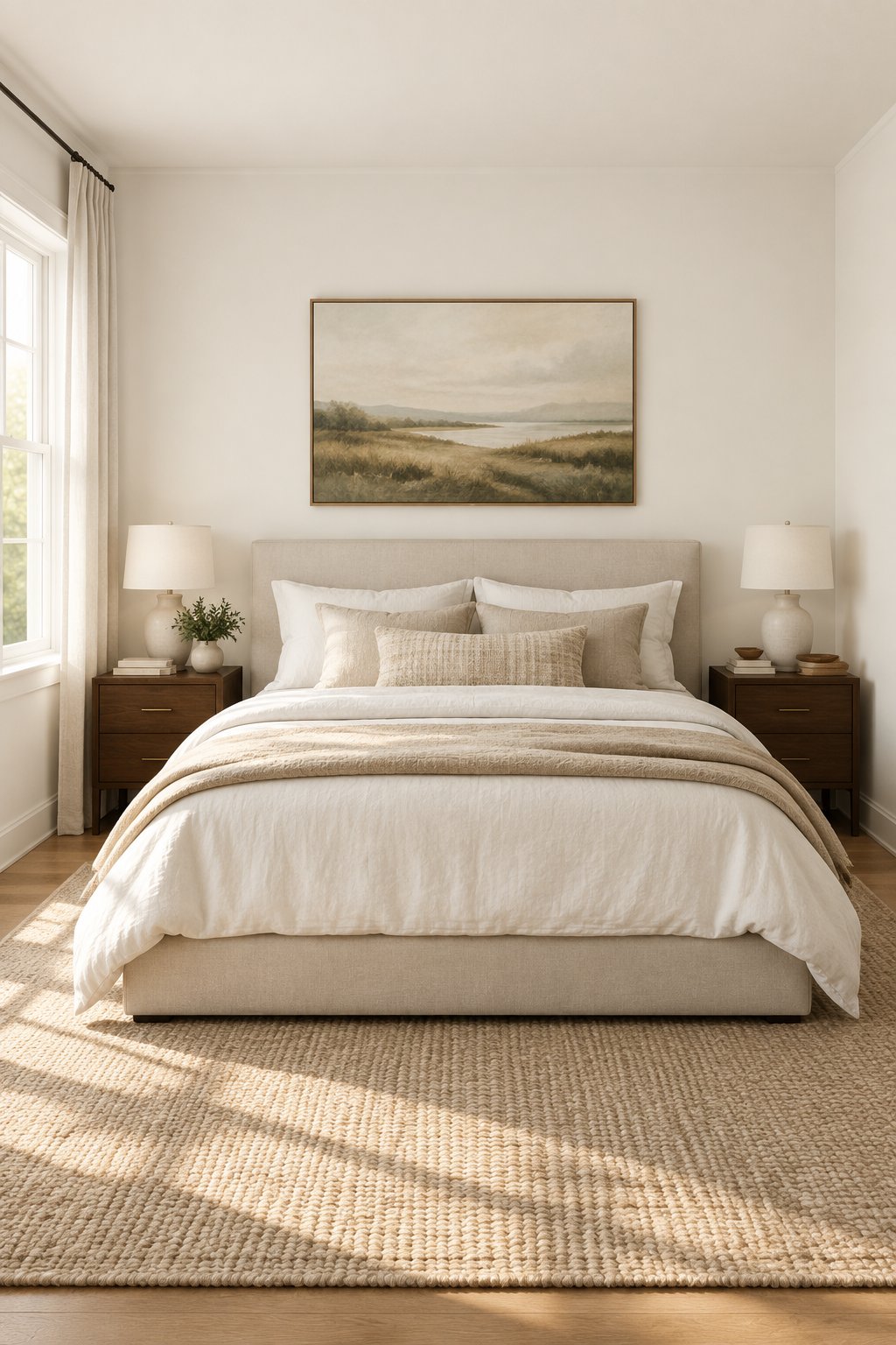 A calm bedroom with a neatly made bed, nightstands, lamps, and soft morning light.