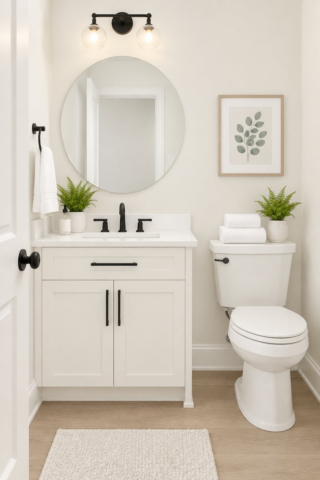A serene bathroom with a pale vanity, black fixtures, a round mirror, white towels, and a small fern.