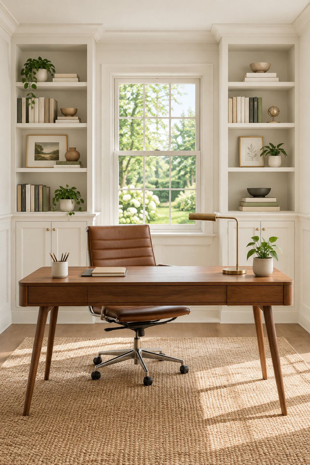 A home office with built-in bookcases, a wooden desk, a leather chair, a desk lamp, and a window overlooking a green garden.
