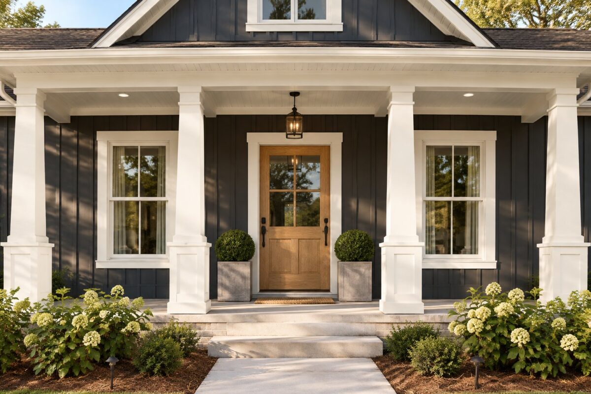 A modern farmhouse exterior with a covered front porch, dark siding, a wood door, white trim, and potted plants in warm sunlight.