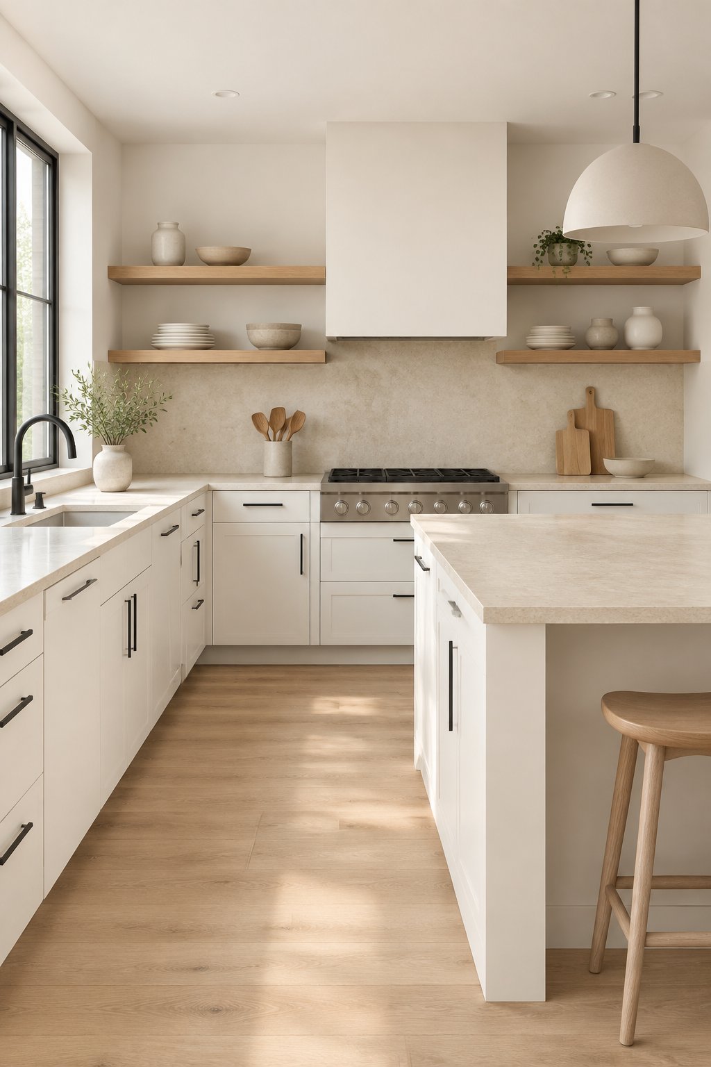 A bright kitchen with light cabinets, open shelves holding ceramics, dark hardware, and pale stone countertops.
