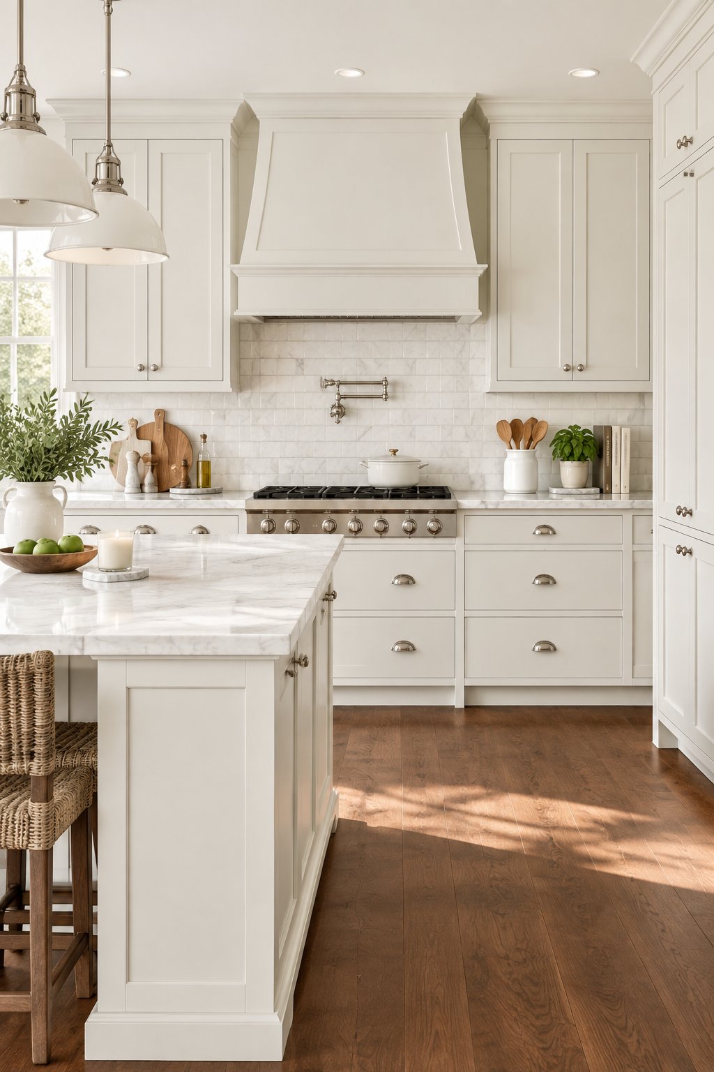 A bright traditional kitchen with light cabinetry, marble tile backsplash, and walnut flooring.