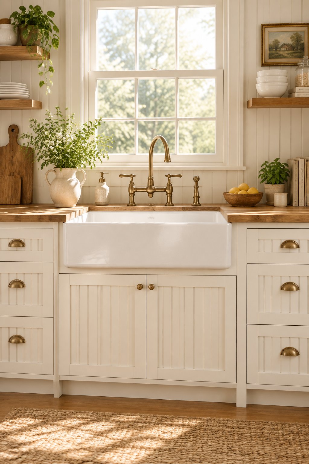 A bright kitchen with pale cabinets, a farmhouse sink, brass faucet, and wooden countertops.