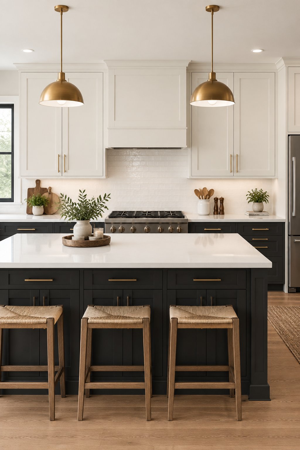 A contemporary kitchen with light upper cabinets, deep charcoal lower cabinets, white countertops, and gold hardware.