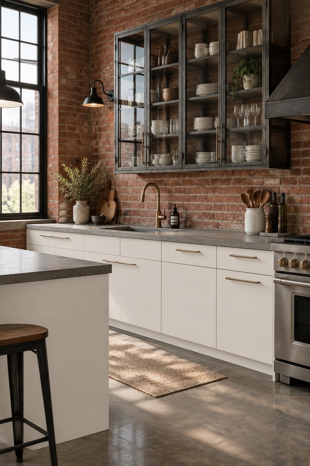 A bright kitchen with pale lower cabinets, glass-front upper cabinets, brick walls, and concrete-style countertops.