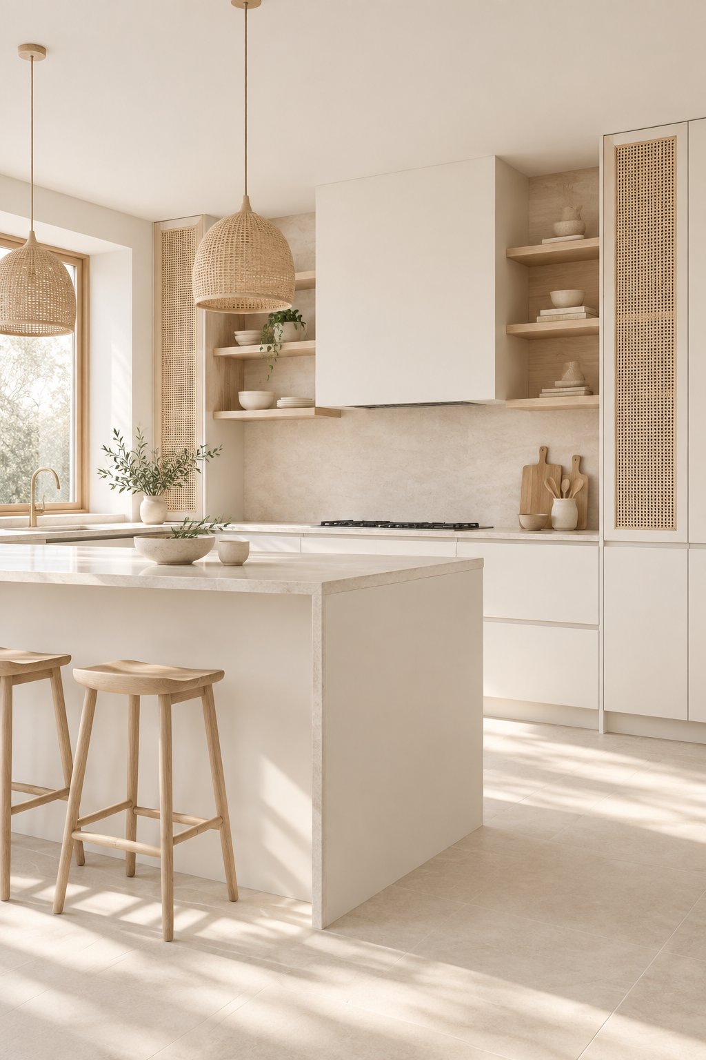 A bright kitchen with pale cabinets, wood accents, and sunlight.