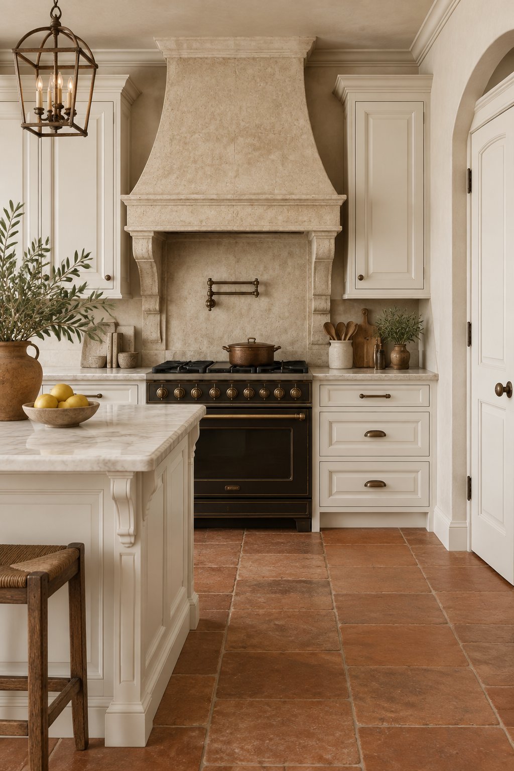 A bright kitchen with paneled cabinets, a stone range hood, bronze hardware, and terracotta floor tiles.