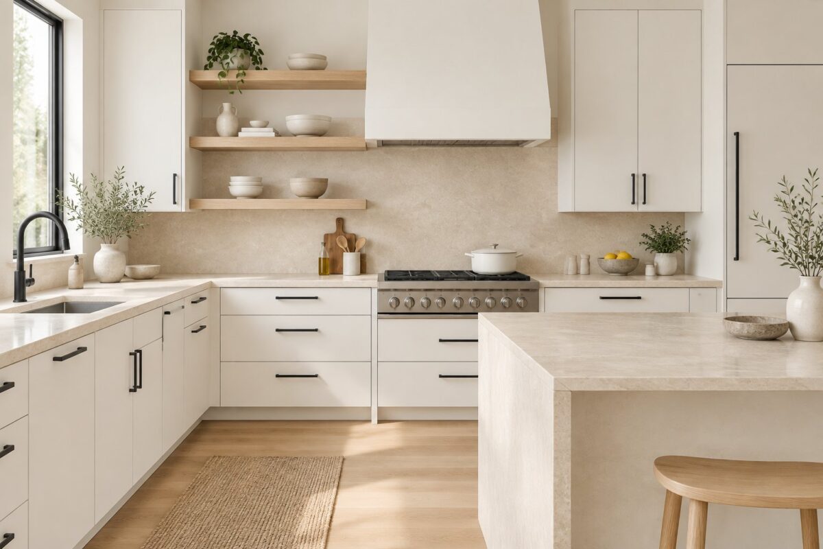 A bright kitchen with pale cabinets, dark handles, wood shelves, ceramic dishes, and beige countertops.