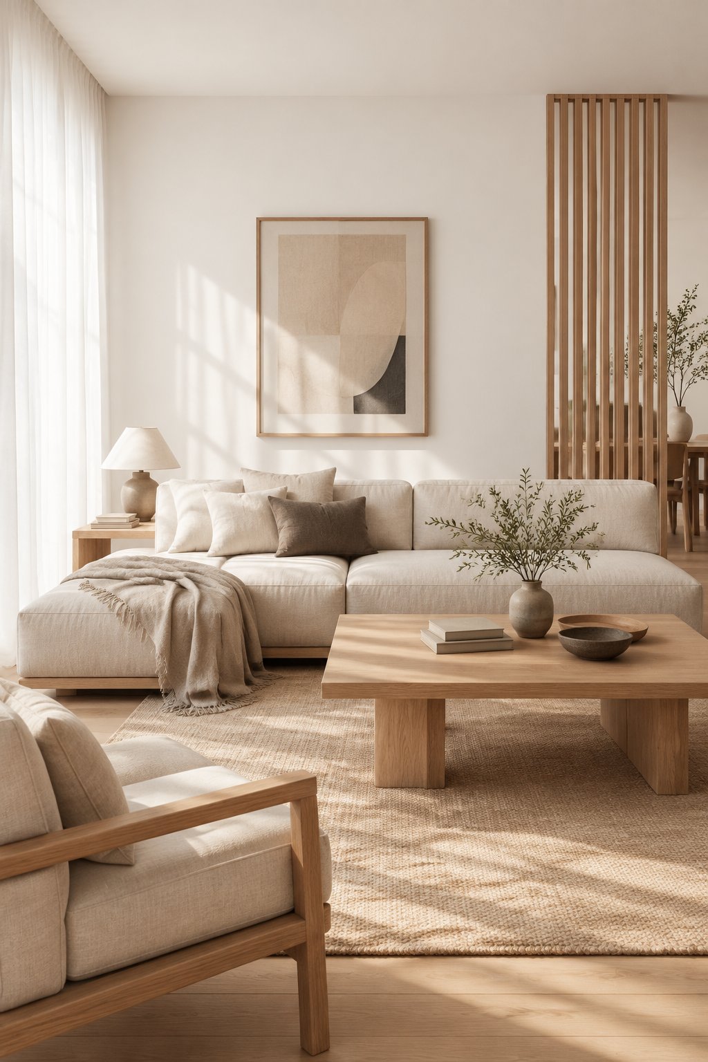 A bright living room with light wood furniture, a wooden divider, neutral cushions, and sunlight through sheer curtains.