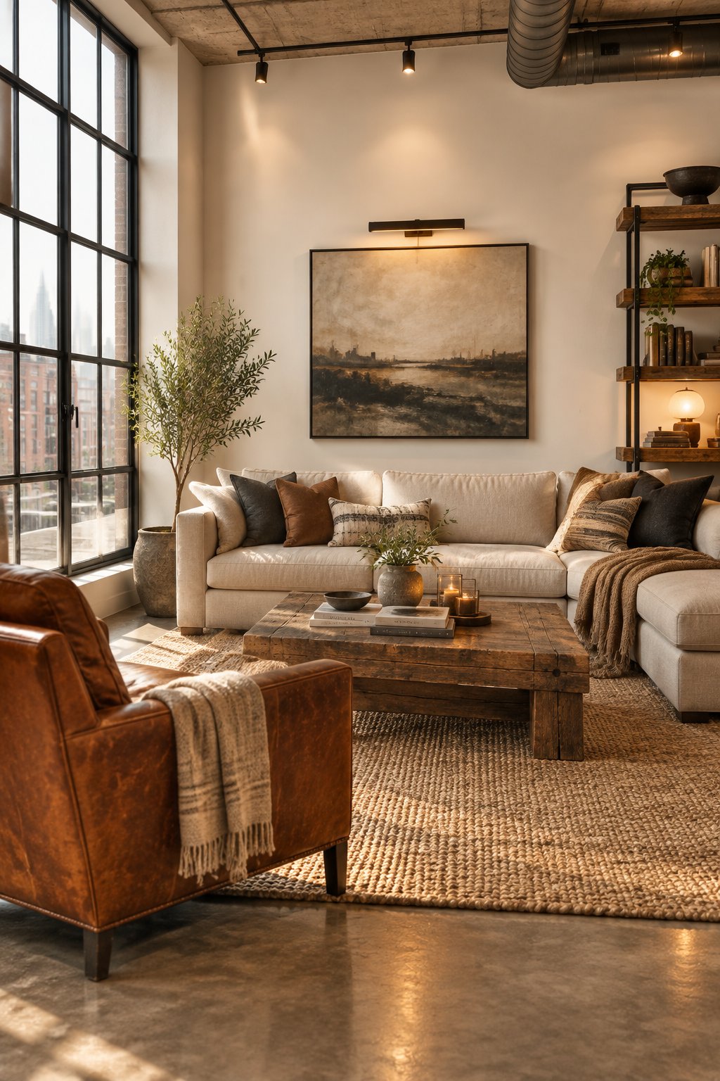 A loft living room with pale walls, black-framed windows, a leather armchair, a wooden coffee table, and concrete flooring.
