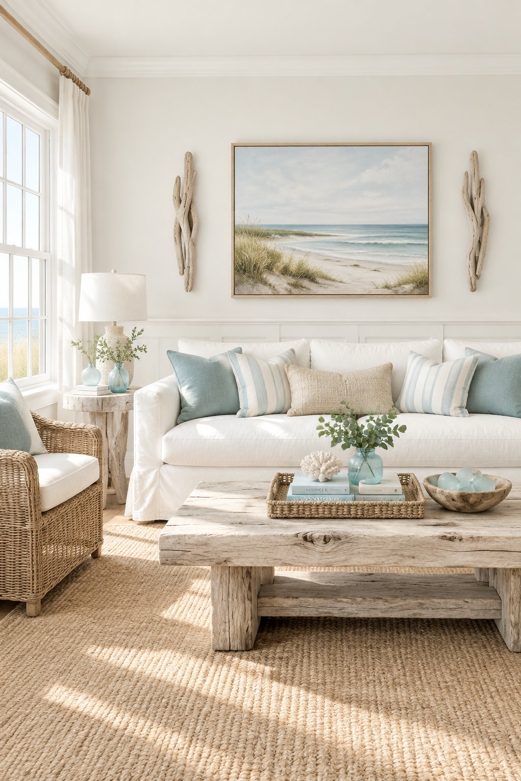 A bright coastal living room with pale walls, a white sofa, a woven rug, and blue accents.