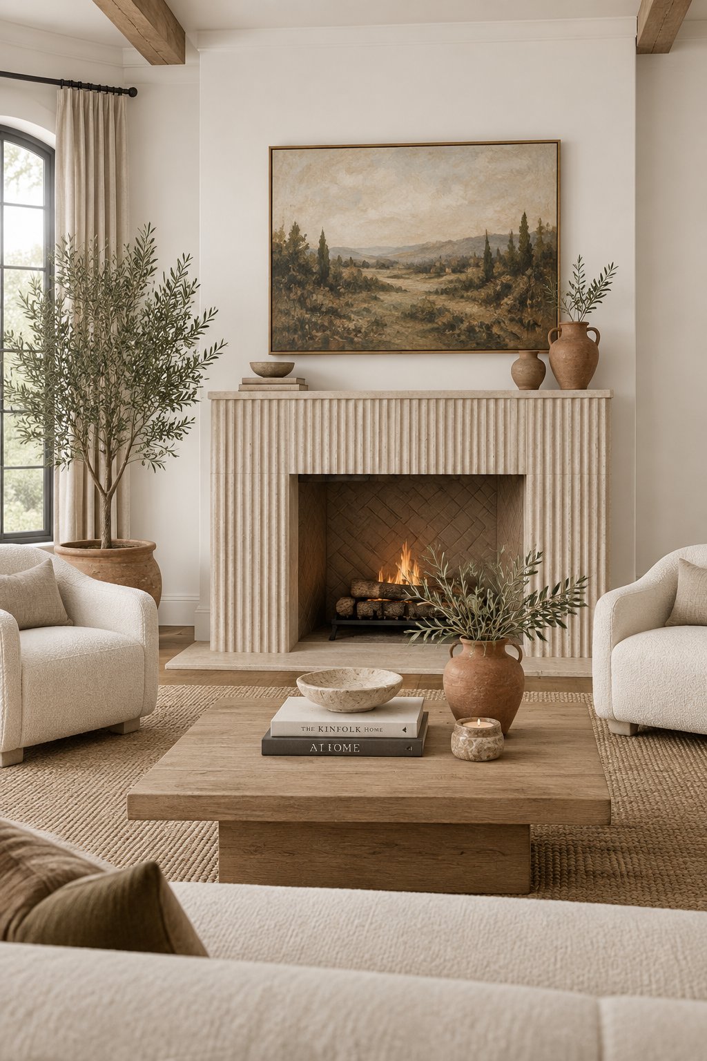 A bright living room with a stone fireplace, cream armchairs, terracotta vases, and a large indoor olive tree.