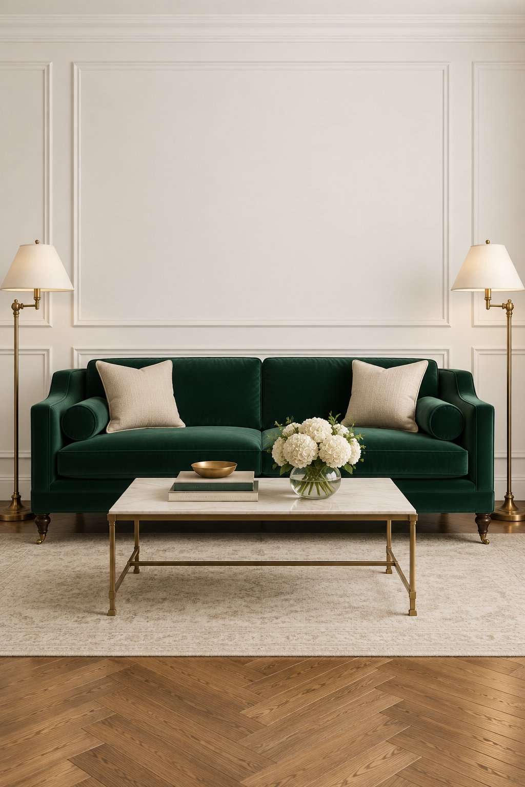 A traditional living room with paneled walls, a green sofa, brass lamps, and a herringbone wood floor.