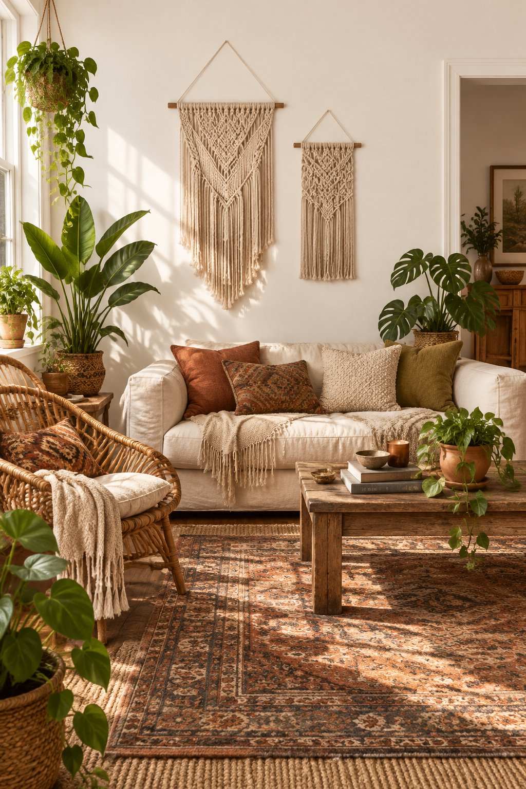 A sunlit living room with pale walls, rugs, a woven chair, wall hangings, and many green plants.