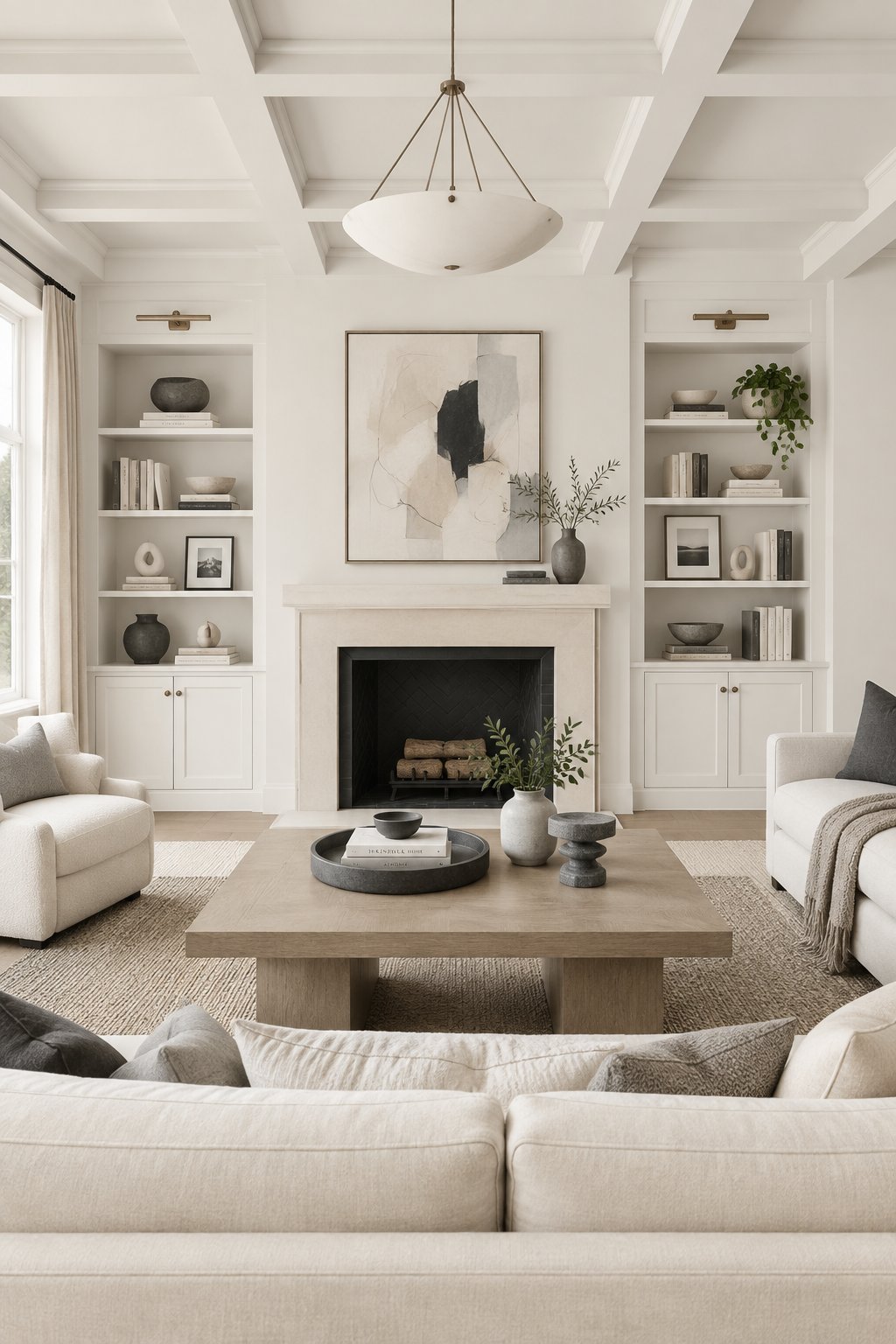 A monochromatic living room with built-in bookshelves, ceiling beams, neutral furnishings, abstract artwork, layered rugs, and charcoal-gray accents.