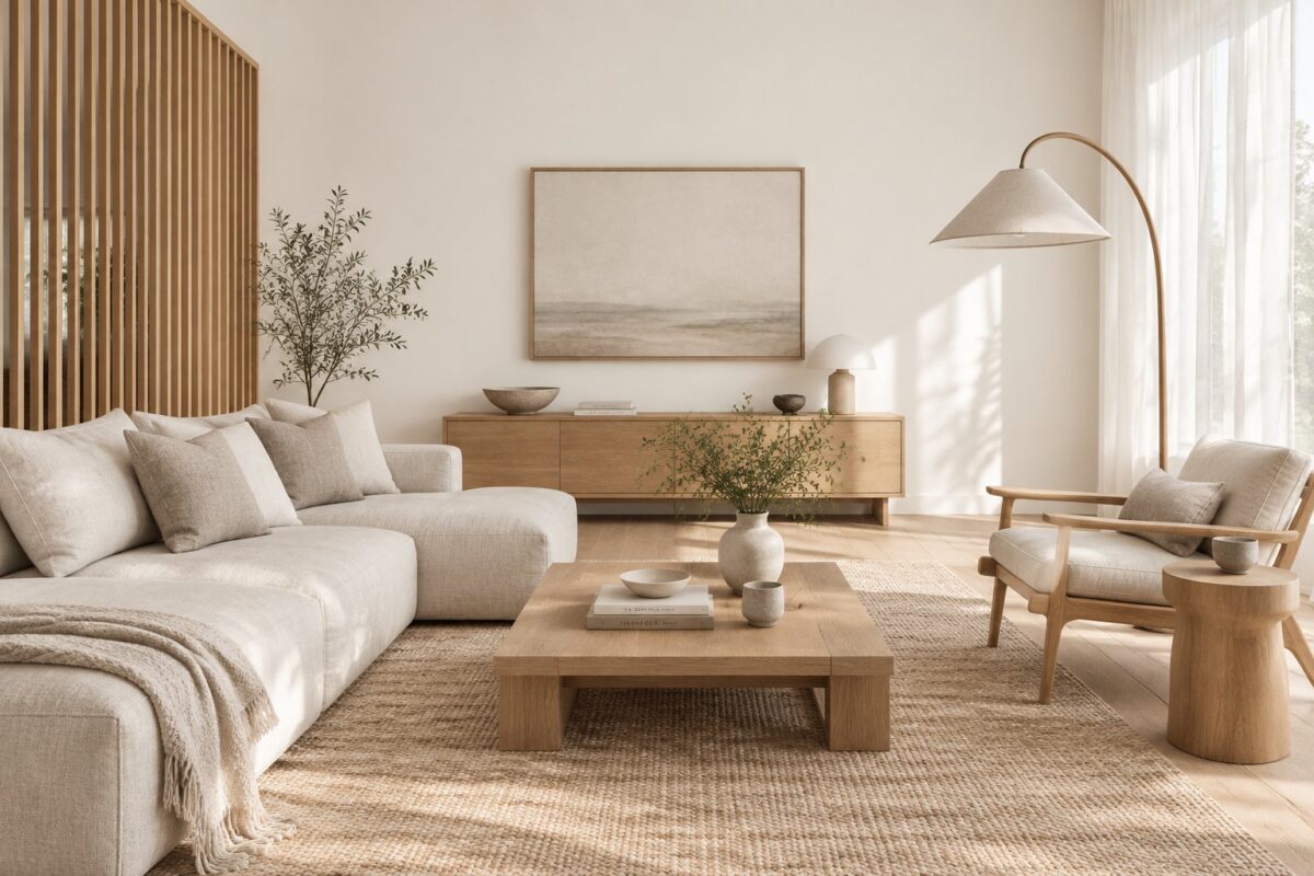 A serene living room with pale walls, low wooden furniture, sheer curtains, and soft sunlight.