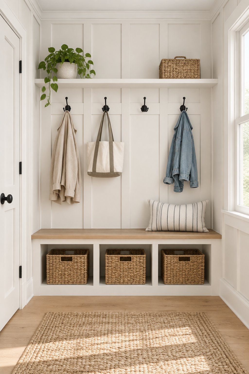 A bright mudroom with paneled walls, coat hooks, a wood floor, and a woven rug.