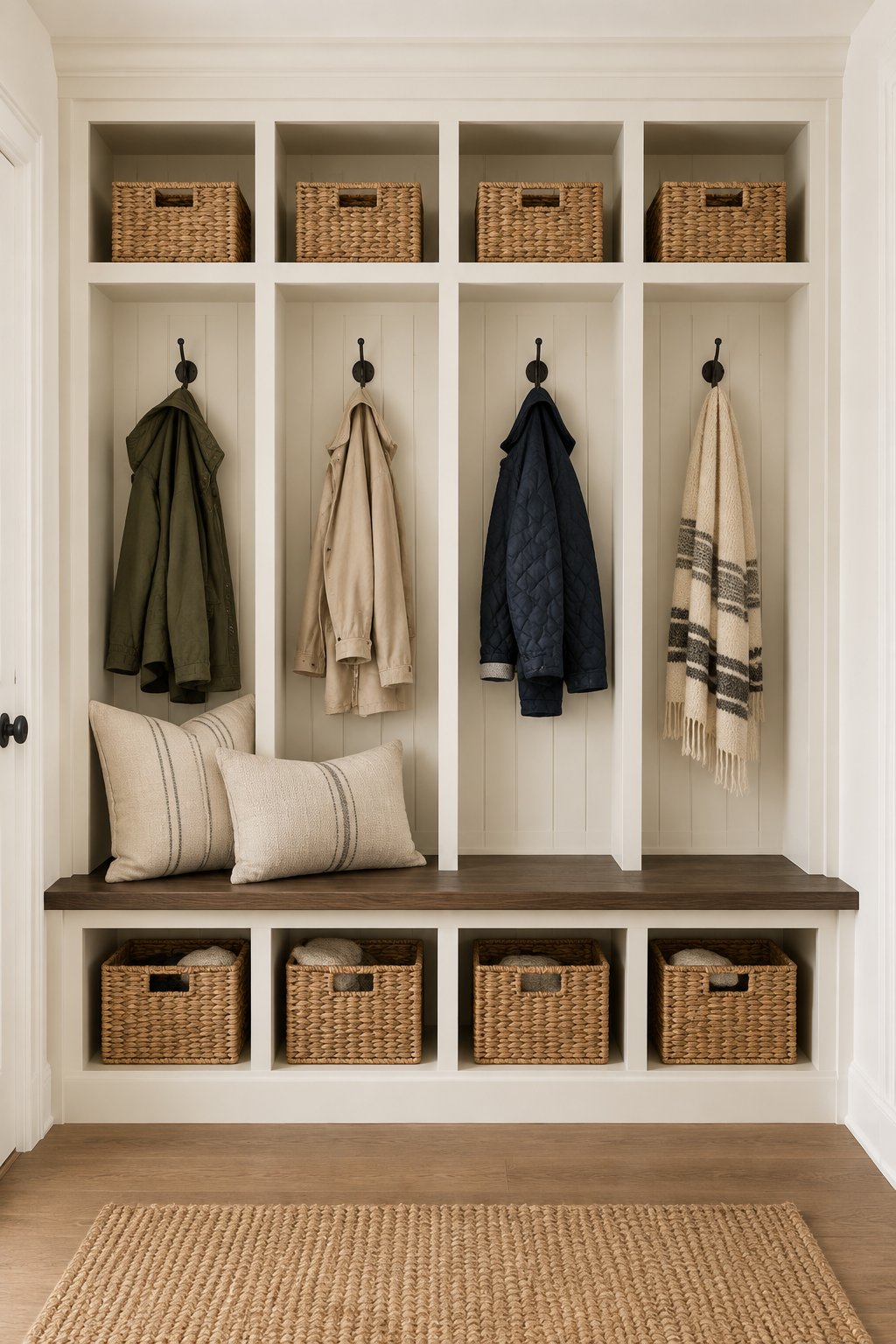 A built-in mudroom bench with cubbies, storage baskets, hanging coats, and neutral pillows.