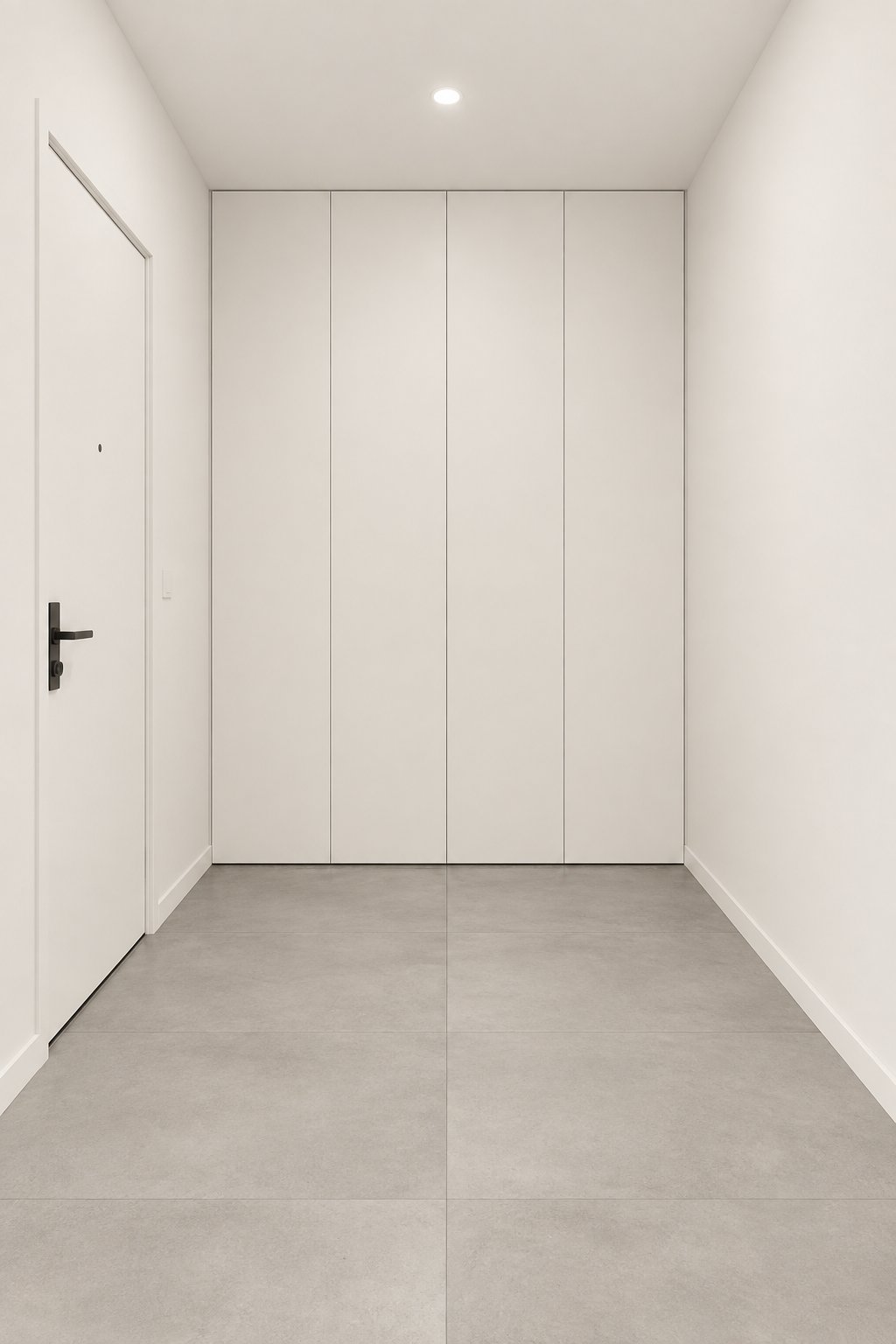 A clean entryway with pale walls, tall built-in cabinets, concrete flooring, and a ceiling light.
