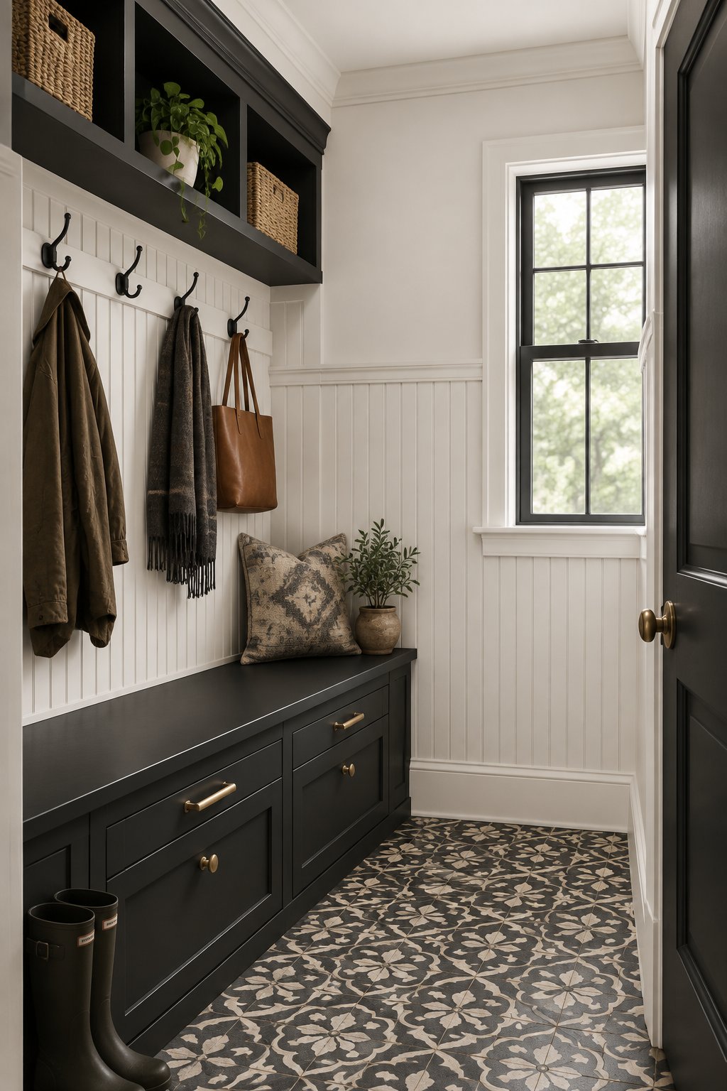 A mudroom with wall paneling, lower cabinets, coat hooks, and patterned floor tiles.