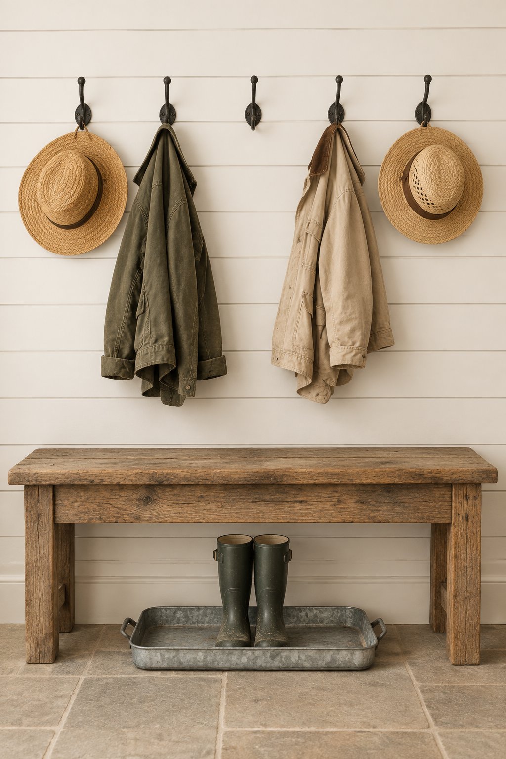 A mudroom with pale horizontal wall panels, a wooden bench, hanging hats and jackets, and rain boots on a metal tray.