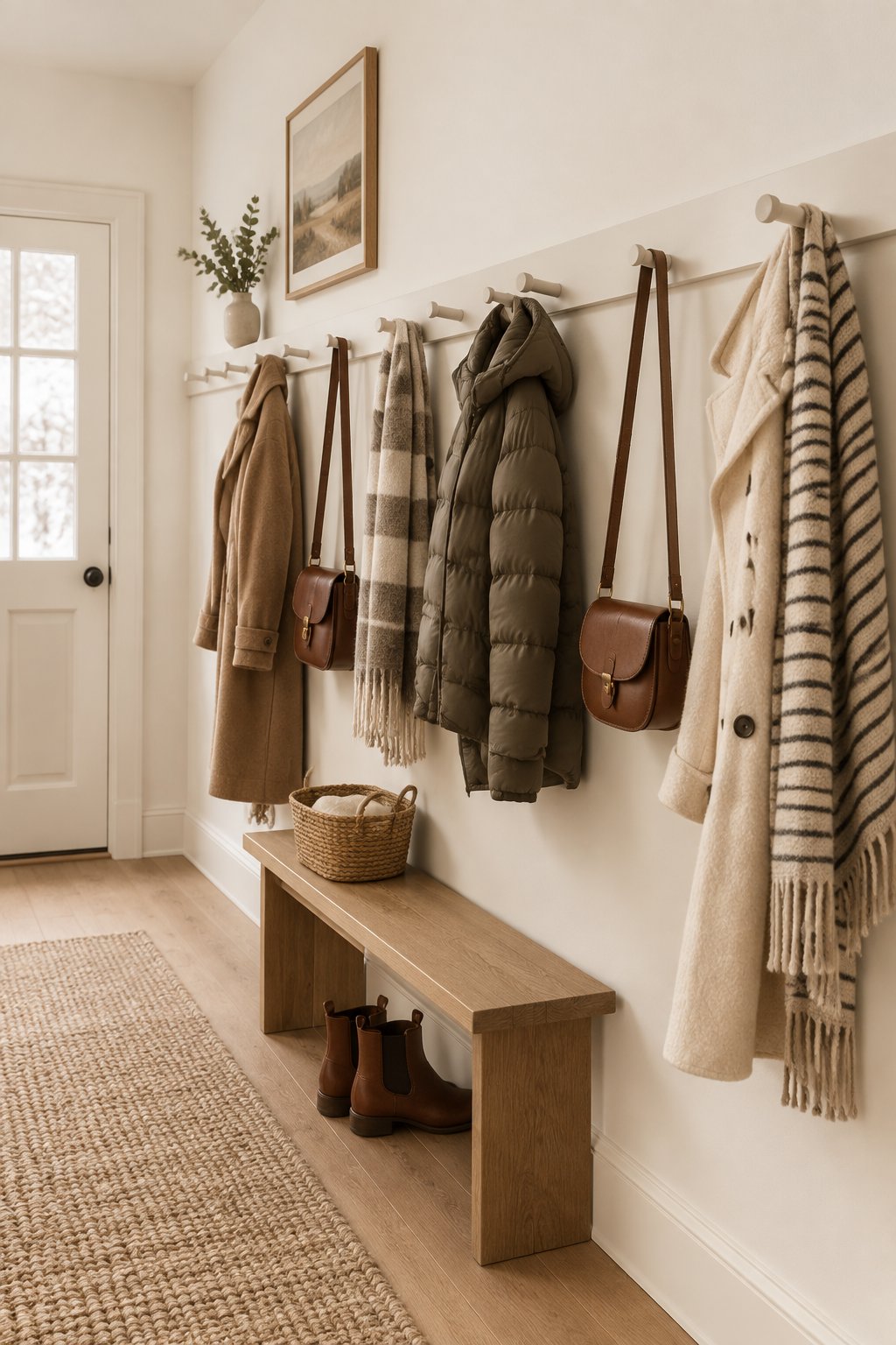 A mudroom hallway with a wall-mounted peg rail holding coats, bags, and scarves.