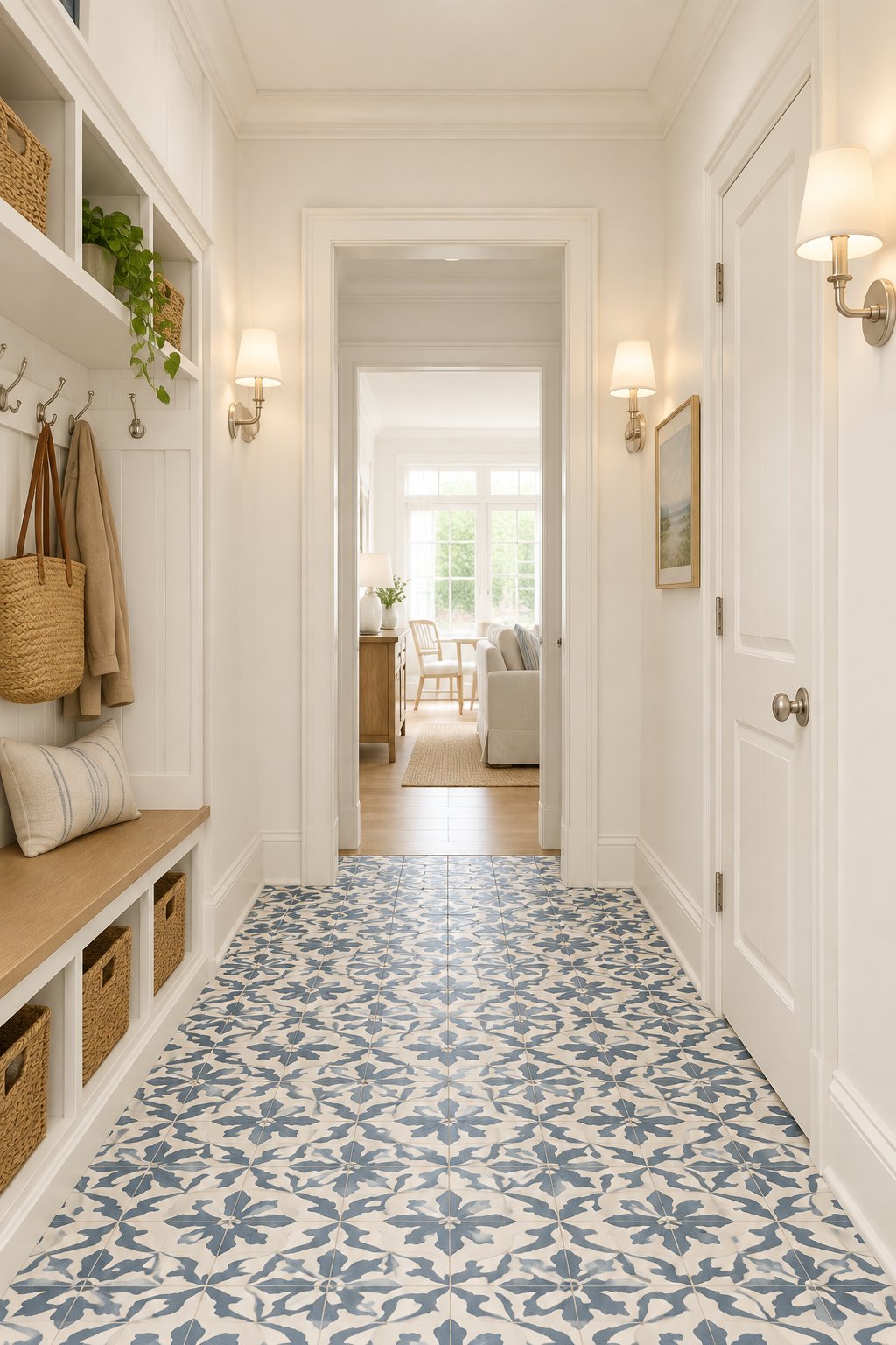 A bright hallway with pale walls, wall sconces, and patterned blue-and-white flooring leading into the home.