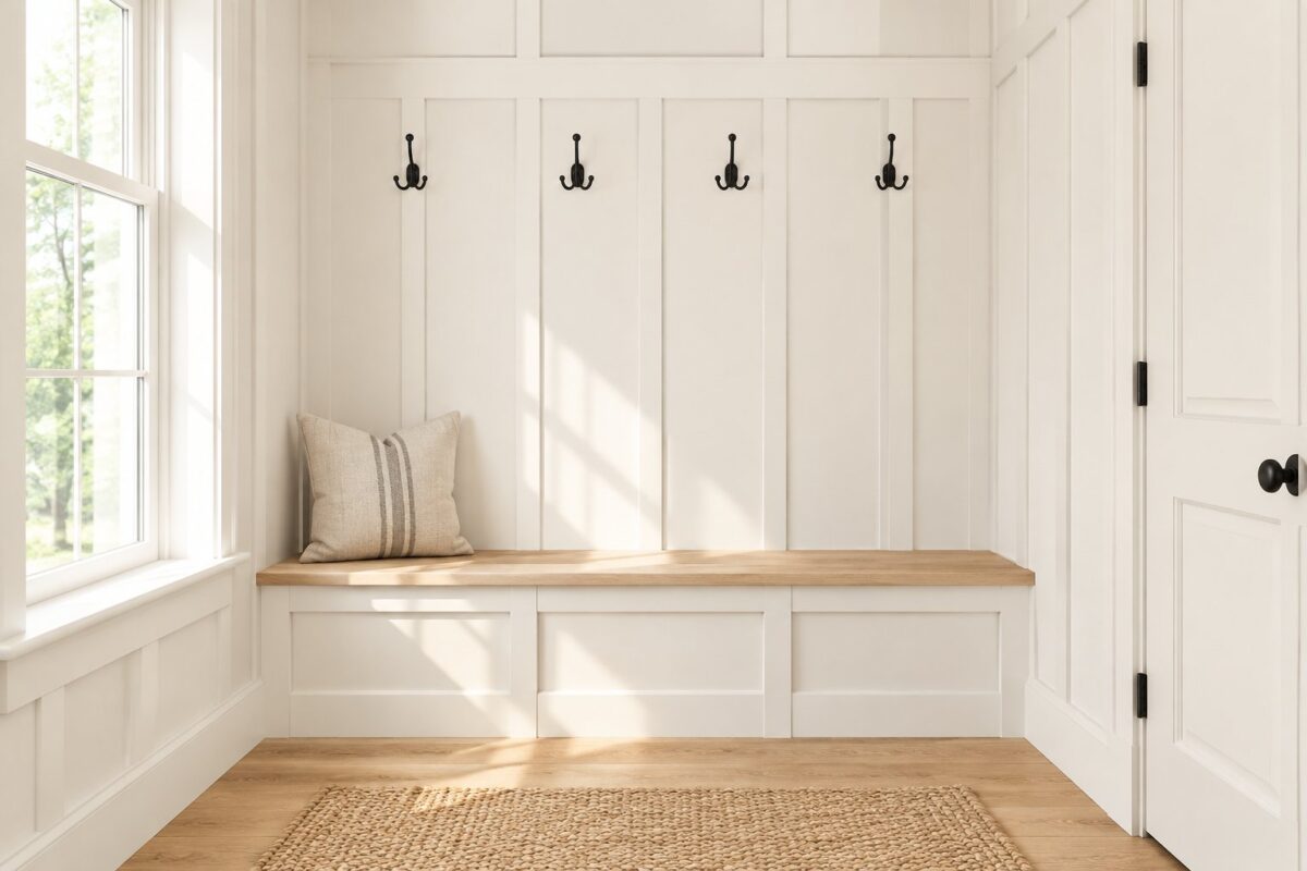 A bright mudroom with paneled walls, black hooks, a wood floor, and a woven rug.