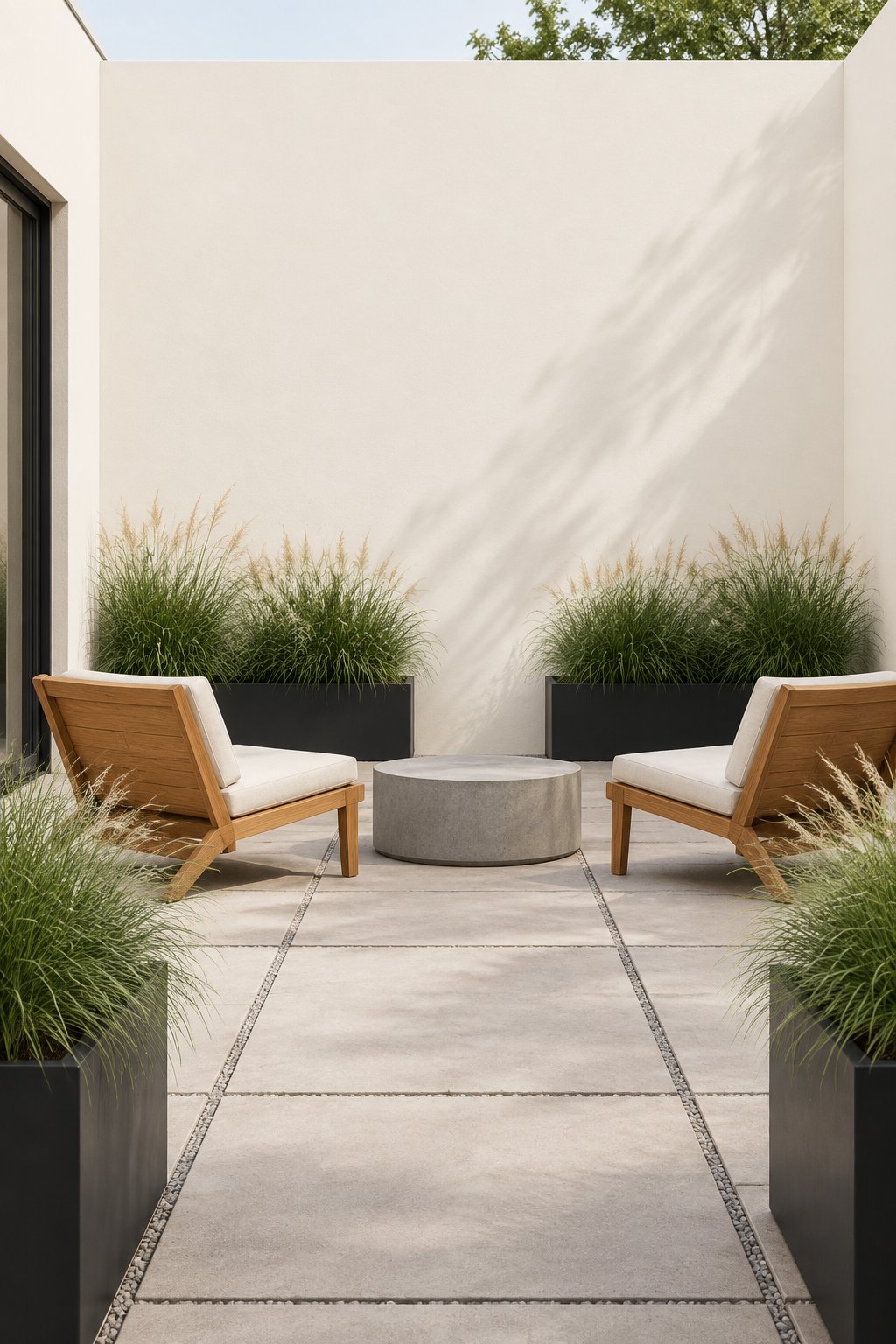 A courtyard with pale stucco walls, black planters, teak chairs, concrete pavers, and ornamental grasses.