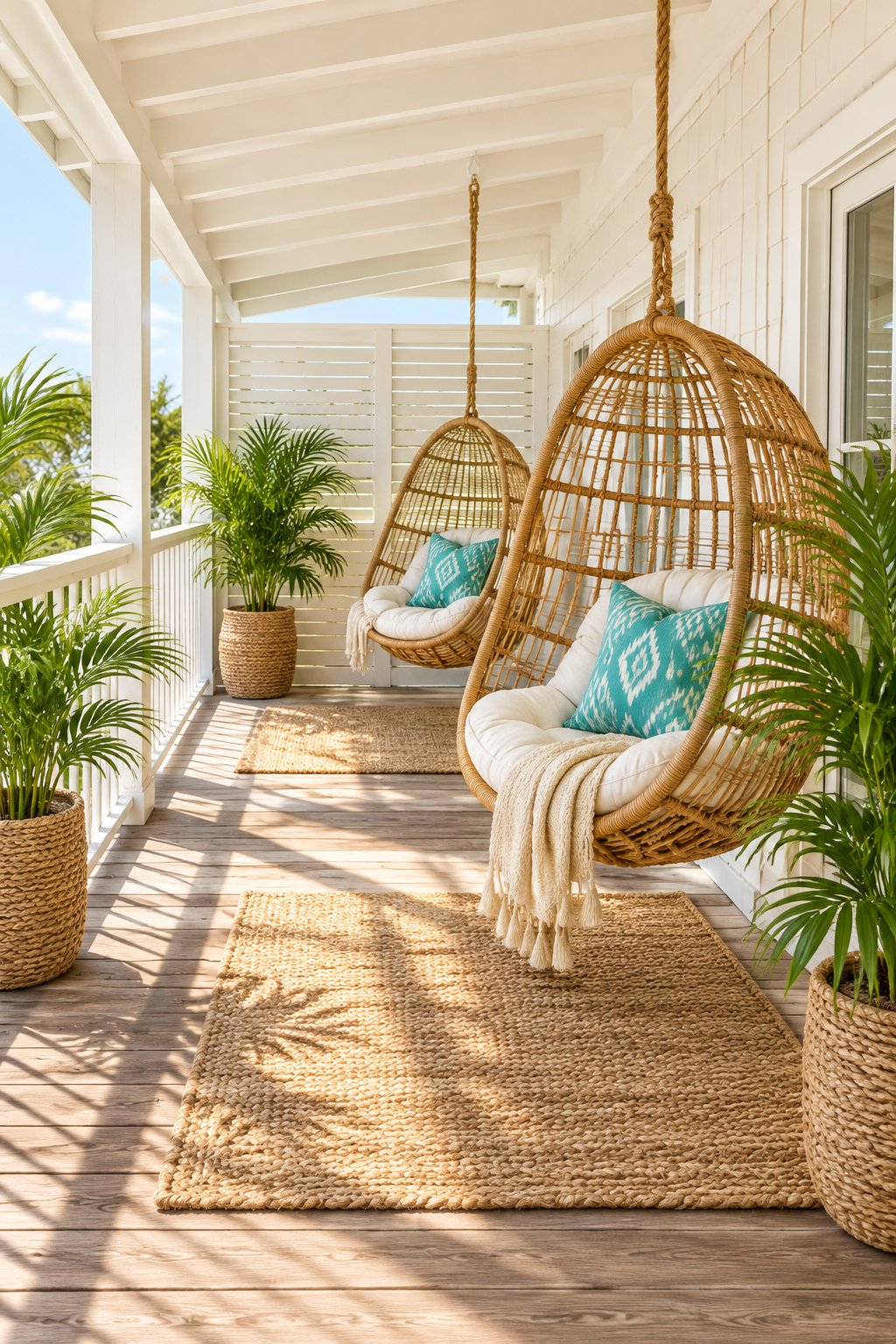 A sunlit wooden deck with pale siding, privacy screens, seating, rugs, pillows, and potted palm plants.