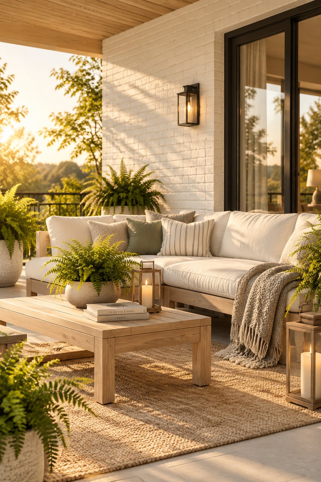 A sunlit terrace lounge with pale brick walls, wooden furniture, blankets, lanterns, and potted ferns.