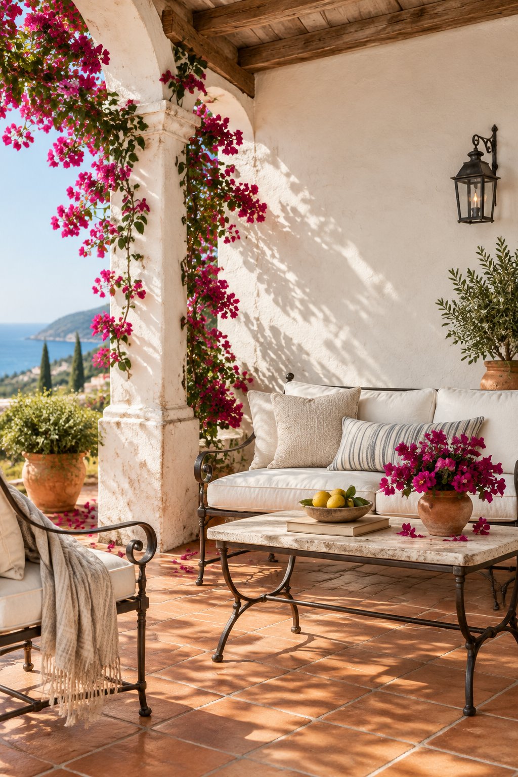 A sunlit Mediterranean veranda with pale stucco pillars, terracotta tiles, wrought-iron furniture, and flowering bougainvillea.