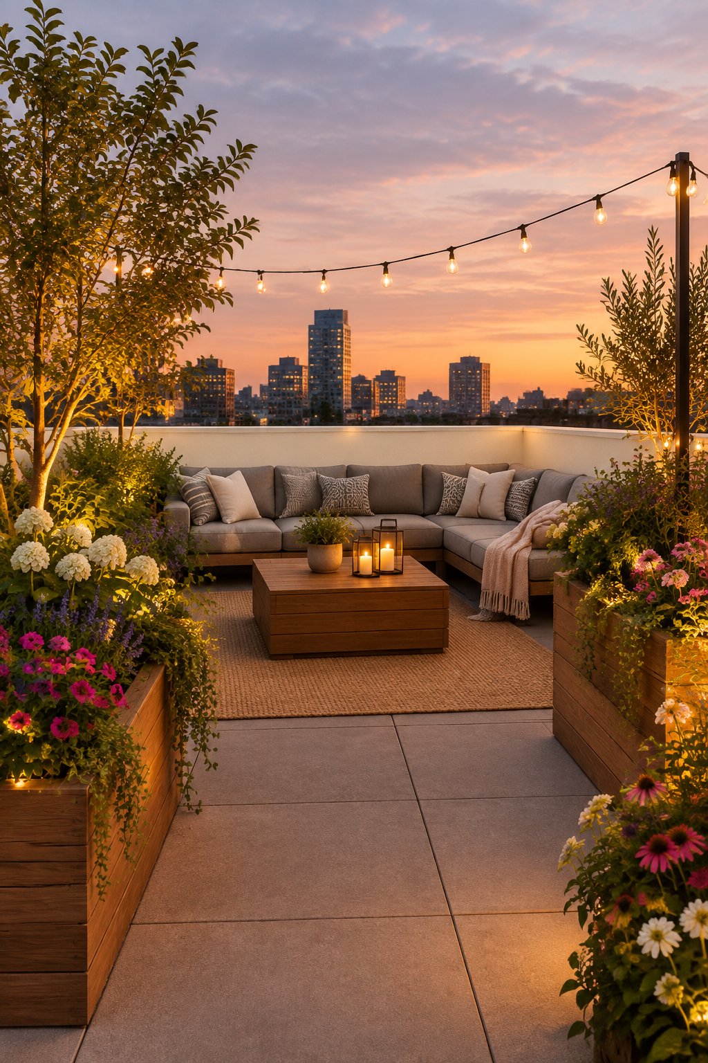 An urban rooftop terrace with white wind-walls, wooden planters filled with colorful flowers, a gray sectional sofa, and string lights at dusk.