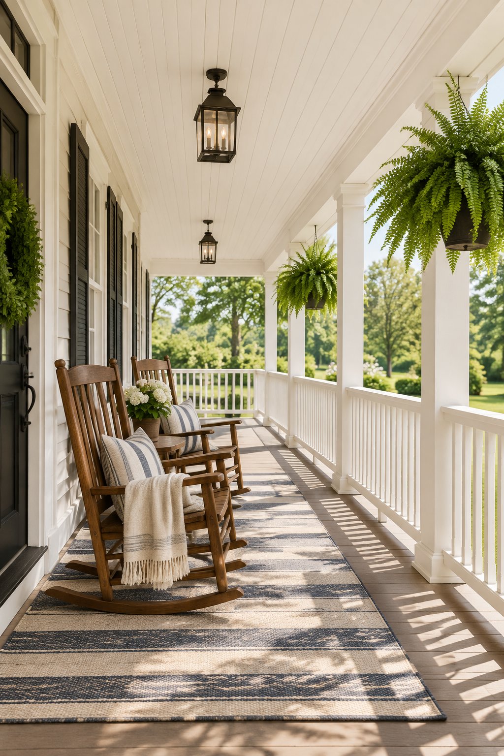A sunny wraparound porch with rocking chairs, hanging fern baskets, and a striped rug.