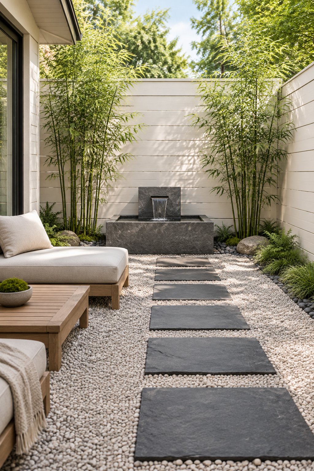 A backyard patio with pale wooden privacy panels, dark stepping stones, bamboo, a stone water feature, and low seating.