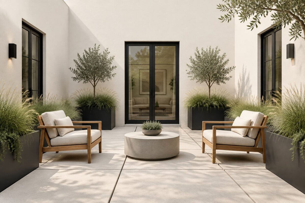 A bright courtyard with pale stucco walls, black planters, wooden chairs, concrete pavers, and ornamental grasses.